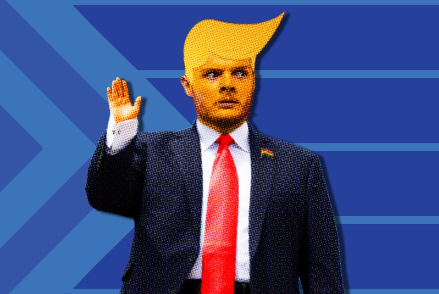 A digitally altered photo of a man in a dark suit, white shirt, and red tie with orange skin and stylized yellow-blonde hair, raising his right hand against a blue background.