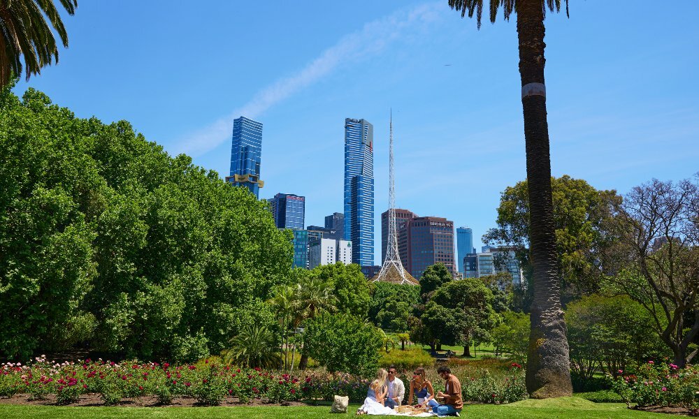 Four friends are sitting in a park having a picnic