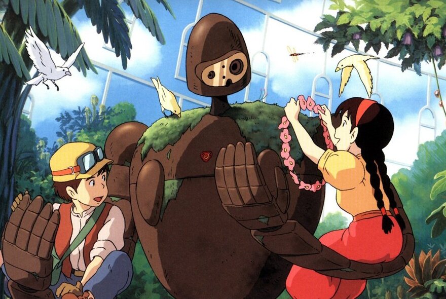 Animation still, two children with a giant robot in a sunny tropical setting.