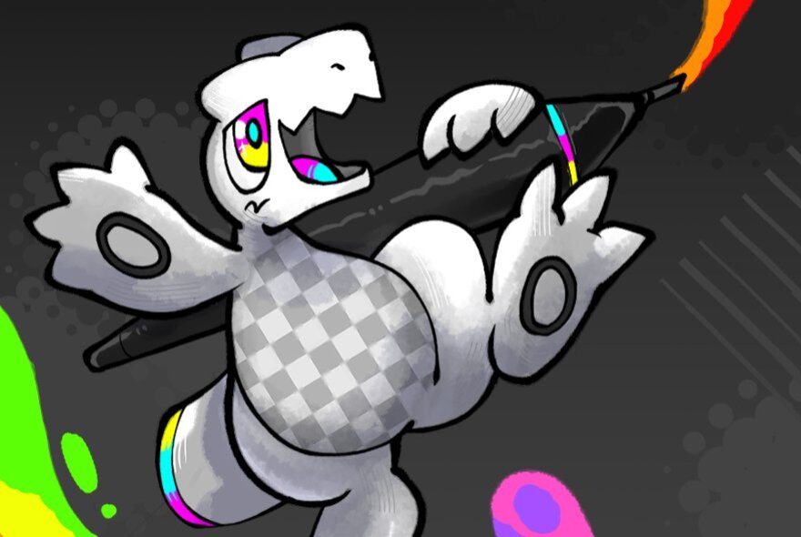 Bright artwork related to the Pokémon character Hakamo-o.