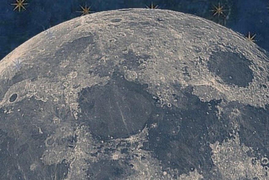 A detail of a drawing of the full moon against a starry night sky.