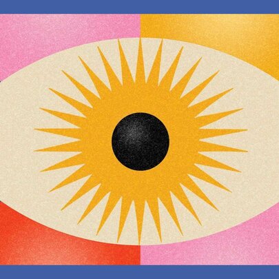 A colourful and geometric illustration of an eye, with a yellow sun in place of the iris and a black pupil.