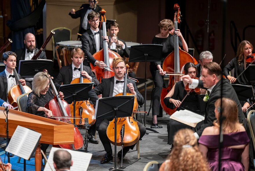 Looking slightly downwards at members of an orchestra in formal attire.