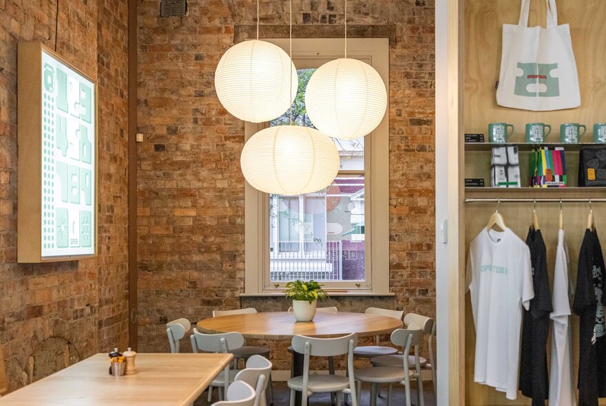 Interior of Operator 25 with feature lights of three large paper lanterns. 