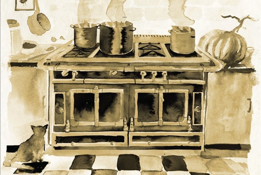 A black and white watercolour painting of a farmhouse kitchen stove with steaming pots on top and a small cat sitting on the checkered-tile kitchen floor.