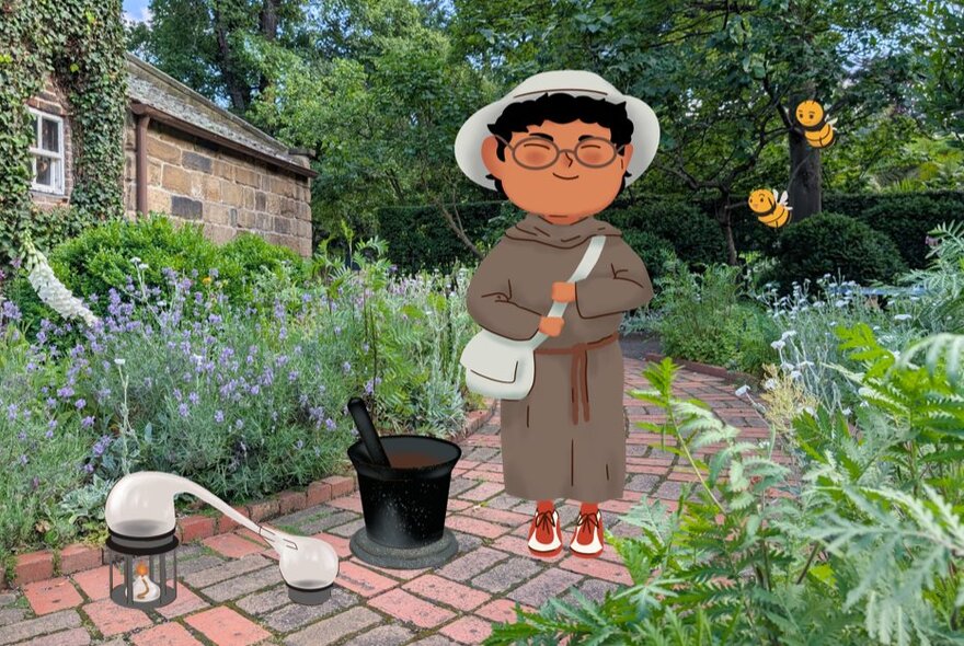 Cartoon drawing of a child wearing a cloak and a hat, with a cartoon image of a metal bucket, superimposed into a real life image of Cooks' Cottage.
