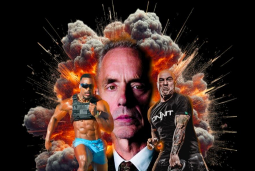 Sportsmen in front of an enlarged male face with explosions.