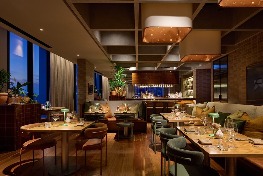 The empty interior of the Langlands Restaurant and Bar at night.