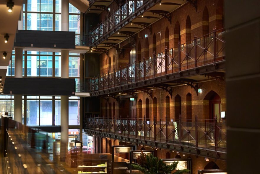 The atrium of the InterContinental Melbourne The Rialto, a luxury hotel featuring a ten-storey glass-topped ceiling.