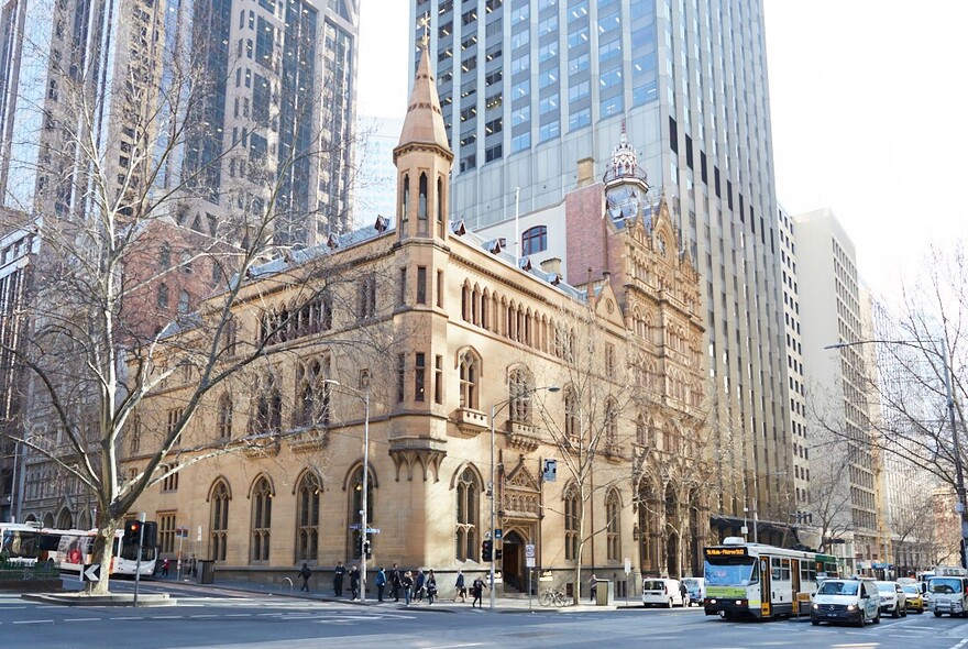 Ornate architecture of the ANZ Bank Gothic-Revival building on the corner of Collins and Queen streets in Melbourne.