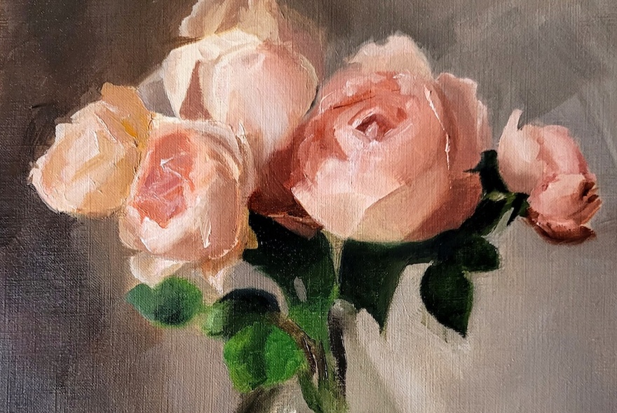 Detail of an oil painting of pale pink roses against a grey background.