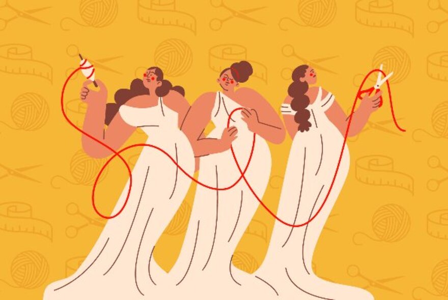 A cartoonish illustration of The Fates, all holding a single red thread against a vivid yellow background. 