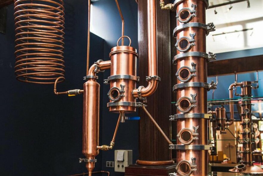 Copper distillery equipment in a room.