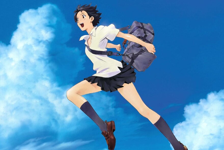 Still from the animated film The Girl Who Leapt Through Time, depicts a teenage girl with knee high socks, a short skirt and white blouse, carrying a satchel, leaping against a blue sky dotted with white fluffy clouds.