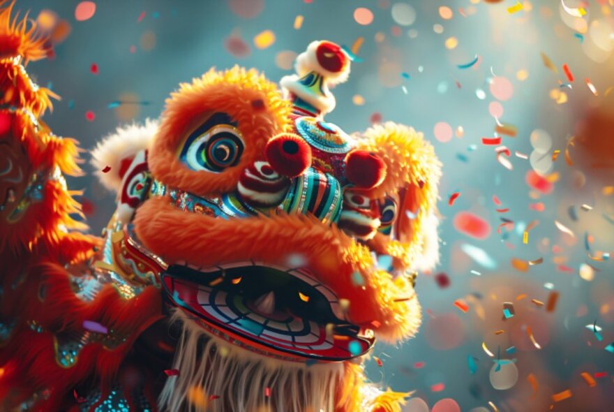 The brightly decorated head of a giant lion puppet, traditionally used in lion dances, with colourful paper confetti swirling around it.