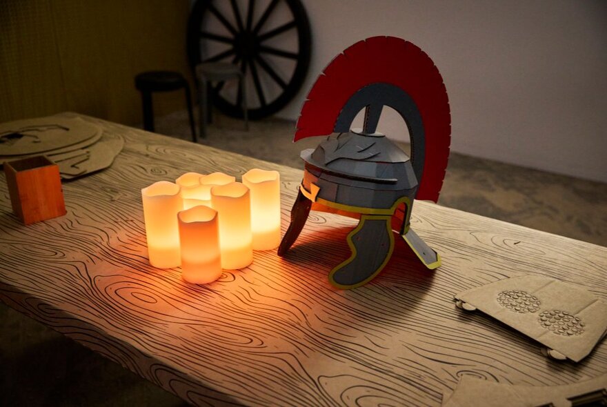 A wooden table displaying a Roman gladiator helmet constructed from cardboard and flat cardboard helmets awaiting construction, as part of a craft activity for kids at Melbourne Museum.