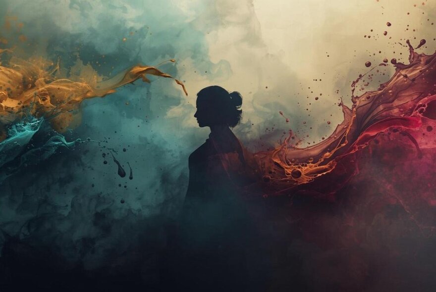 Silhouette of a person surrounded by waves of colour.