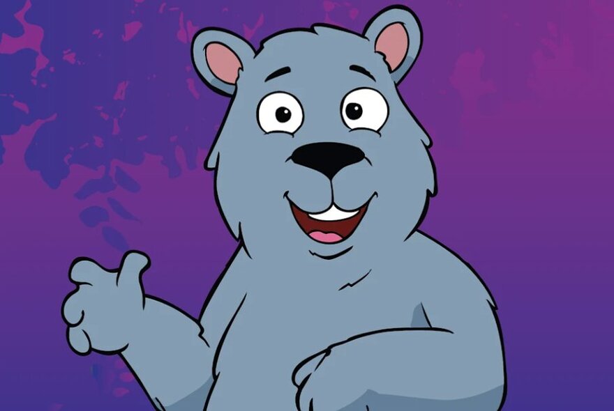 Jungle Book bear character, paw raised and smiling, against purple background.