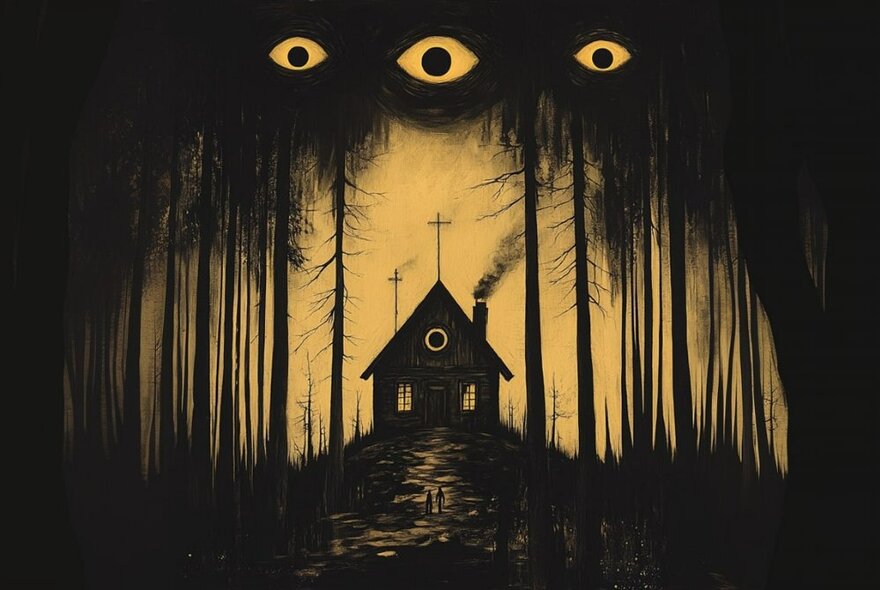 Sinister illustration of a small cottage on a hill in a forest, with three eyeballs hovering high up in the sky as if peering down.