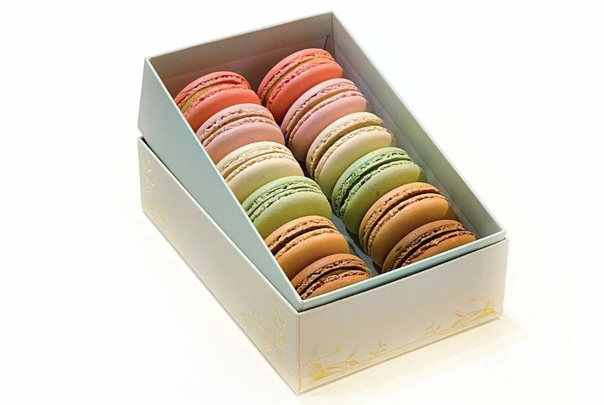 A box of colourful macarons.