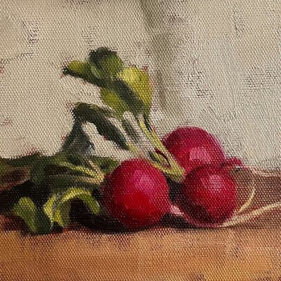 A still life oil painting of three radishes on a wooden table. 
