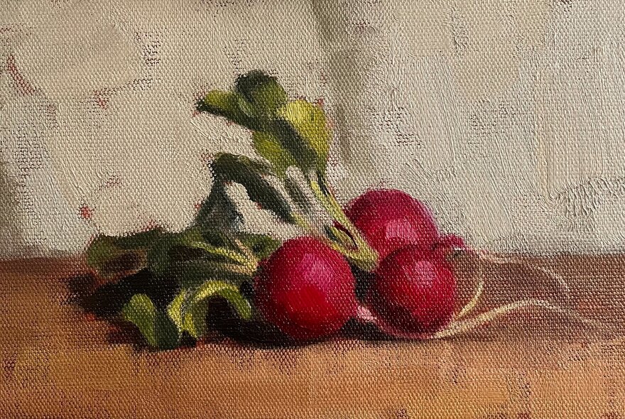 A still life oil painting of three radishes on a wooden table. 