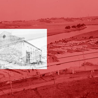 Artwork image: a building superimposed over a blood-red landscape.