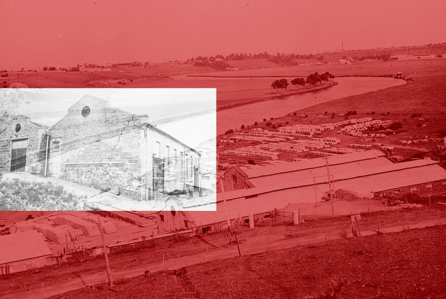 Artwork image: a building superimposed over a blood-red landscape.