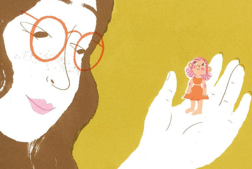 Artwork showing a young woman's face with spectacles looking at a tiny girl standing in the palm of her hand. 