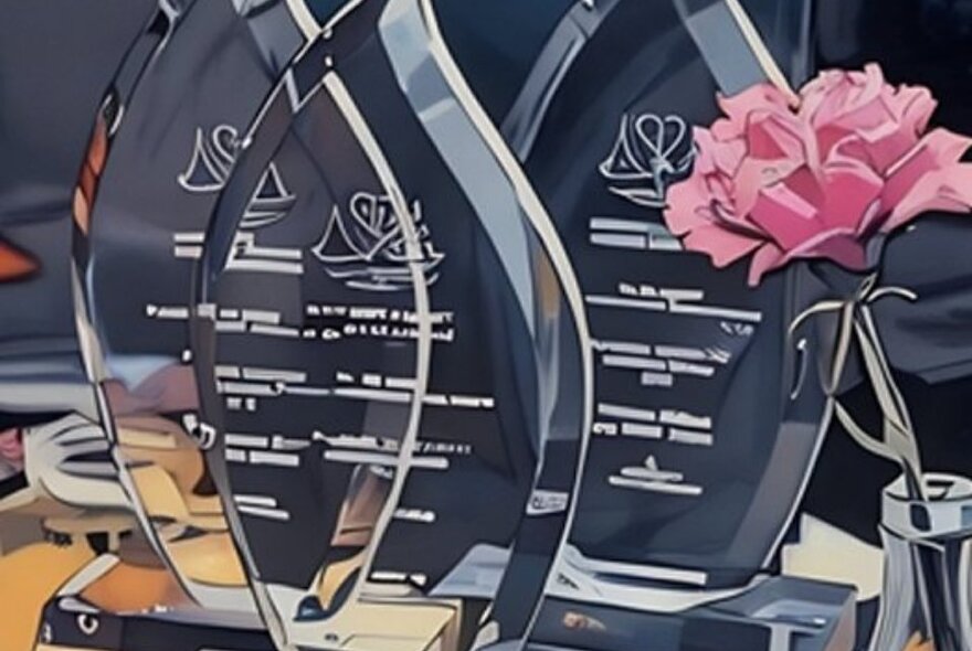 A group of teardrop-shaped glass awards next to a pink rose.