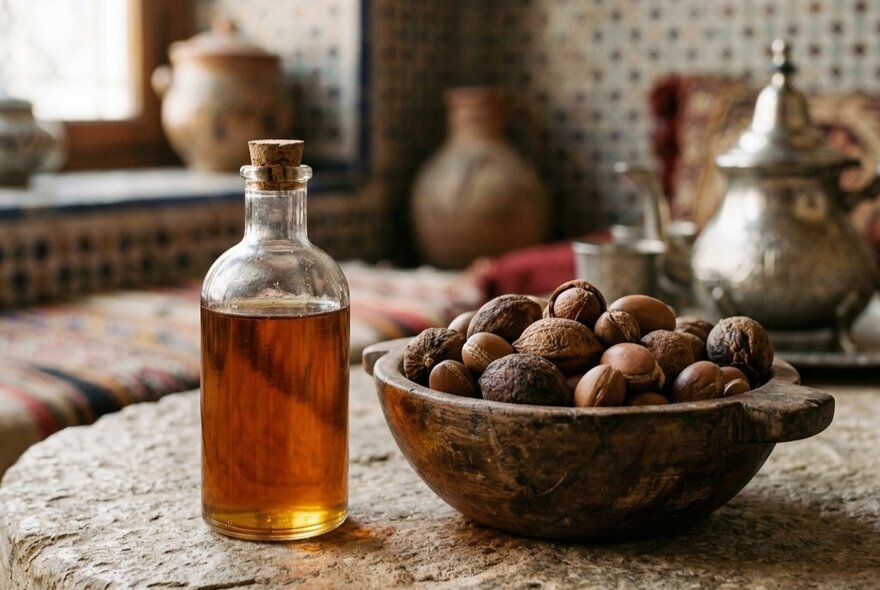A small bottle of oil and a bowl of nuts. 