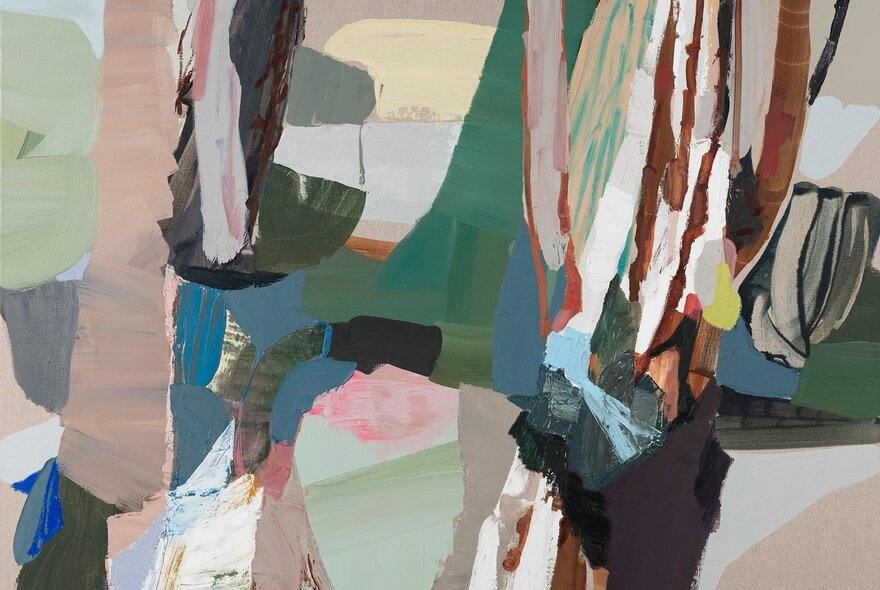 An abstract landscape painting in green and earthy tones. 