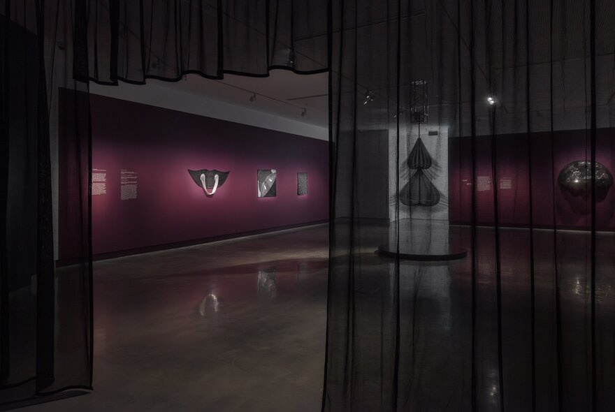 Installation view of an exhibition, seen through sheer black curtains into a large room with art objects arranged on magenta coloured walls.