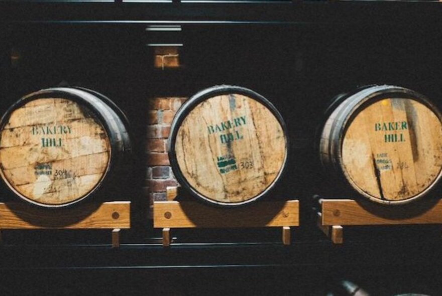 Barrels lined up in a brick-lined cellar.