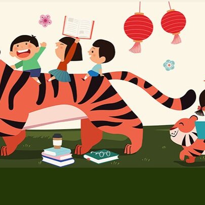 Cartoon drawing of children riding a smiling tiger with balloons.