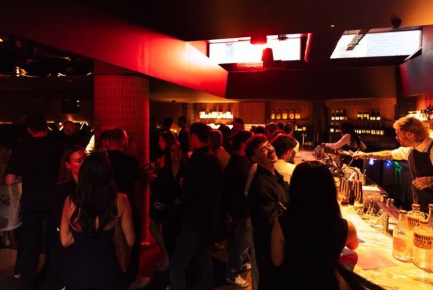 A small crowd of people around a bar waiting to order drinks while bartenders work. 
