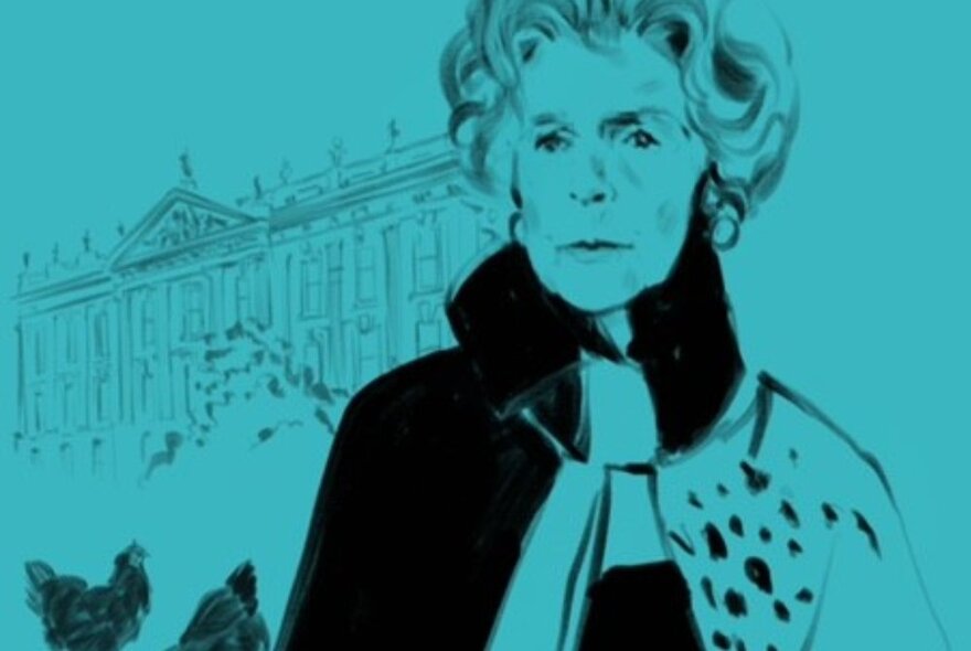 Drawing of Deborah, Duchess of Devonshire, in black against turquoise, with palace in the background.