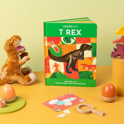 Museum shop items for sale including dinosaur book and figurines.
