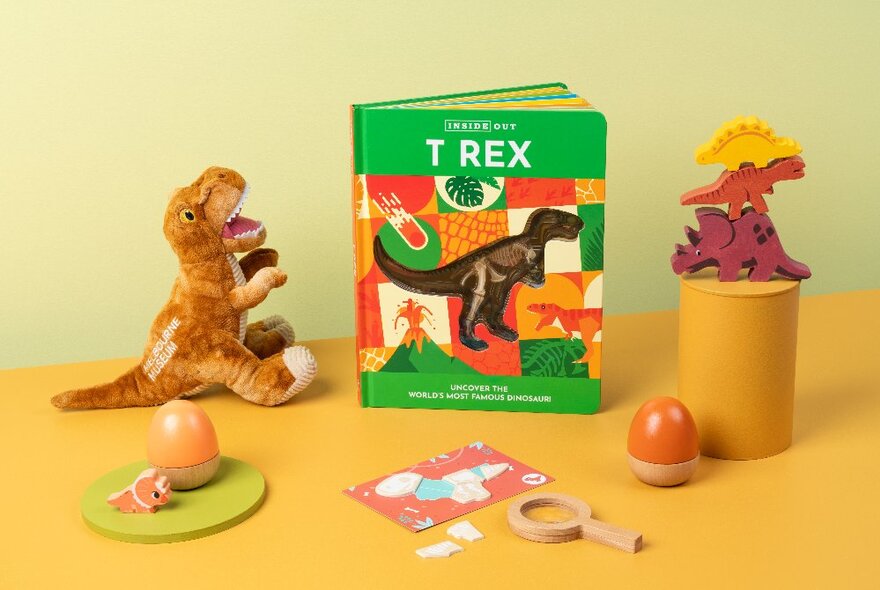 Museum shop items for sale including dinosaur book and figurines.