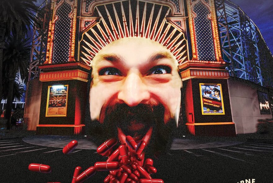 A man with a beard superimposed over the Luna Park big mouth entrance.