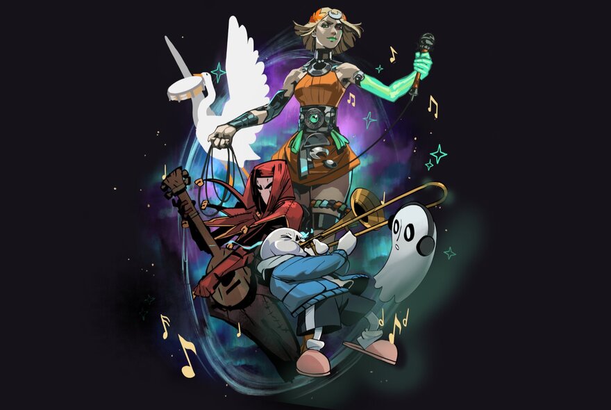 A graphic from a video game showing various characters and a person standing heroically. 