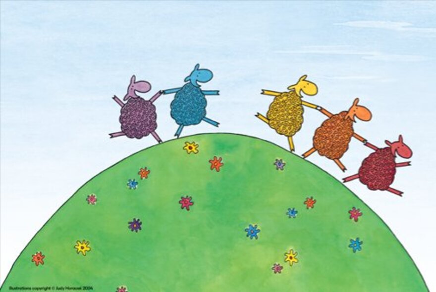 A drawing of five colorful sheep (purple, blue, yellow, orange, and red) walking on a green grassy hill with small flowers.