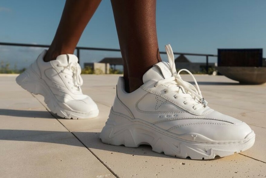 Pair of women's white running shoes.