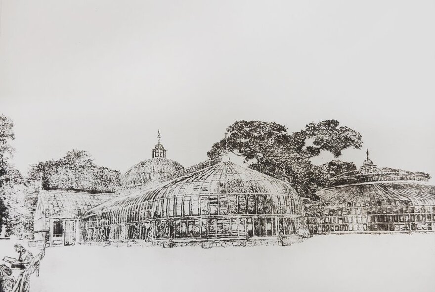 A black and white etching, using relief and intaglio techniques, of a domed building and trees.