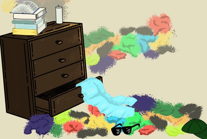 An illustration of a brown chest of drawers, with the bottom draw open and colourful clothes coming out of it.