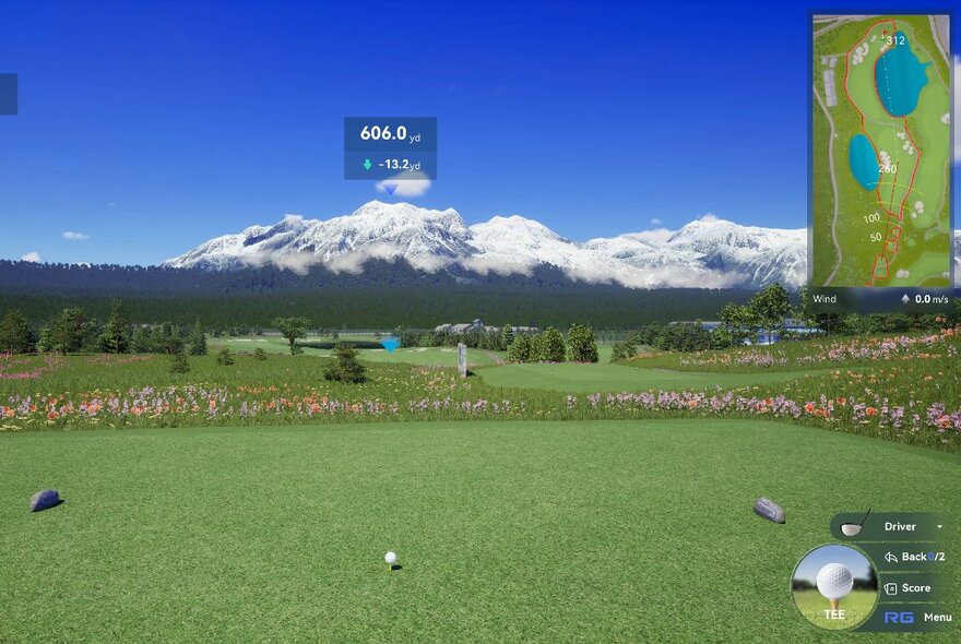 A digital image of a famous golf course, with a golf ball on a tee, in front of a white capped mountain.