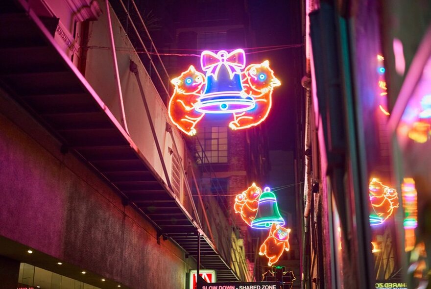 Light up decorations of wombats on bells. 