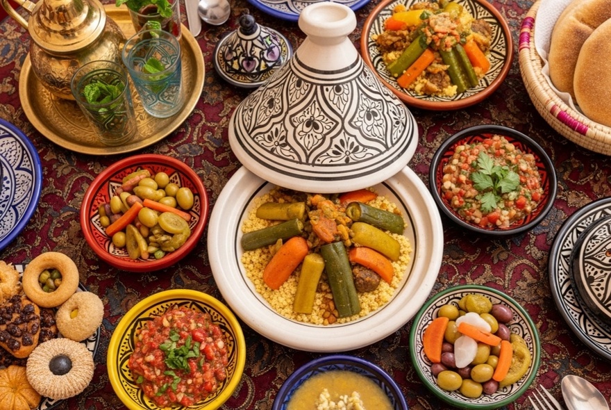 An array of colourfully painted clay bowls and taglines with savoury dishes and a platter of mint tea.