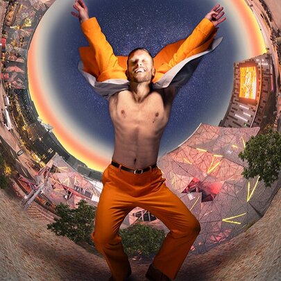 Performer dancing in front of a fish-eye image of Fed Square.