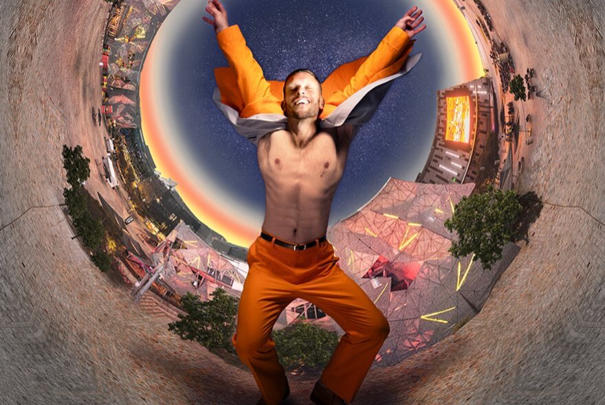 Performer dancing in front of a fish-eye image of Fed Square.